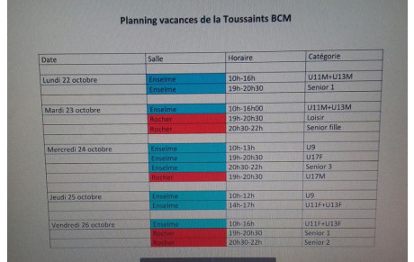 Entrainements des vacances de la TOUSSAINT - Semaine du 22 au 26/10/2018