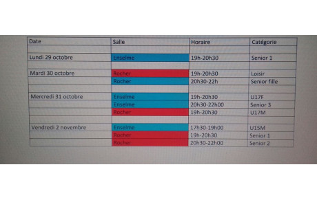 Entrainements des vacances de la TOUSSAINT - Semaine du 29/10 au 02/11/2018